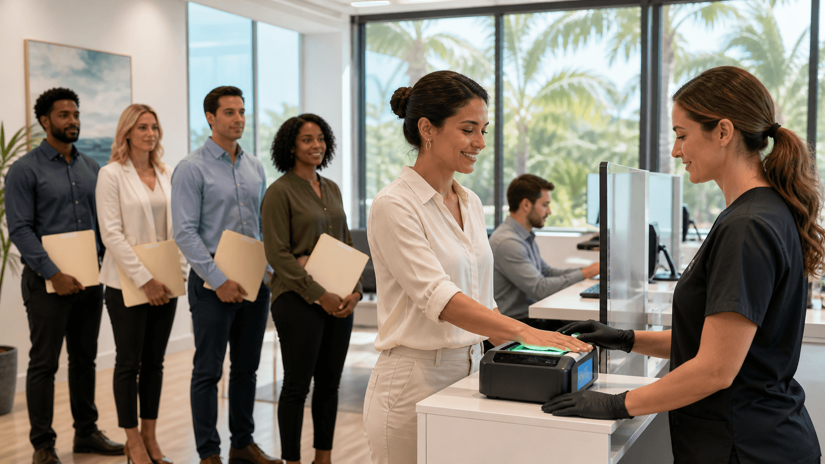 Sunlit fingerprint cards and ink pad on a desk beside palm leaves and a Florida courthouse silhouette.