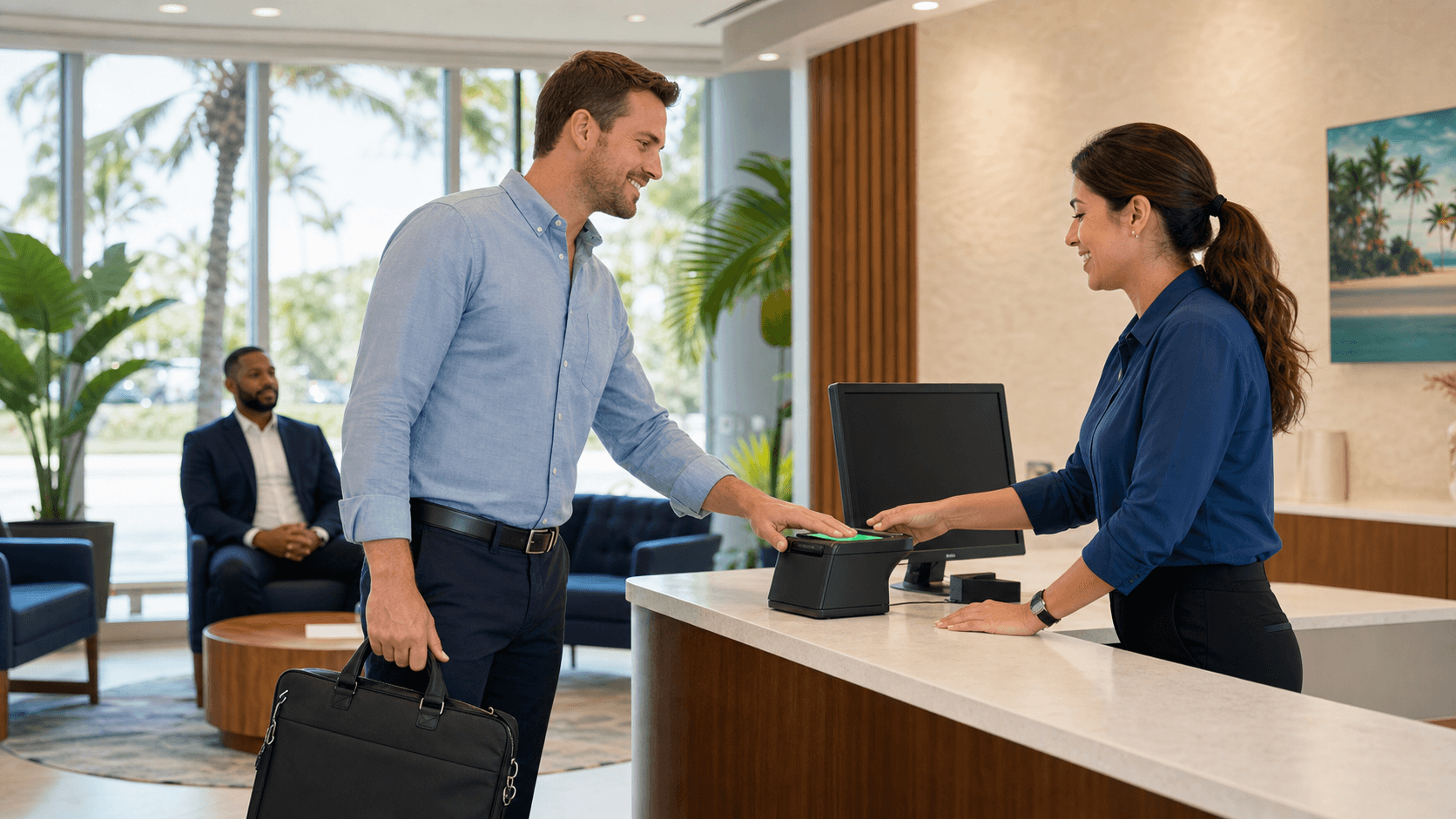 Close-up of gloved hands rolling a finger on a digital scanner beside passport and forms on a bright desk